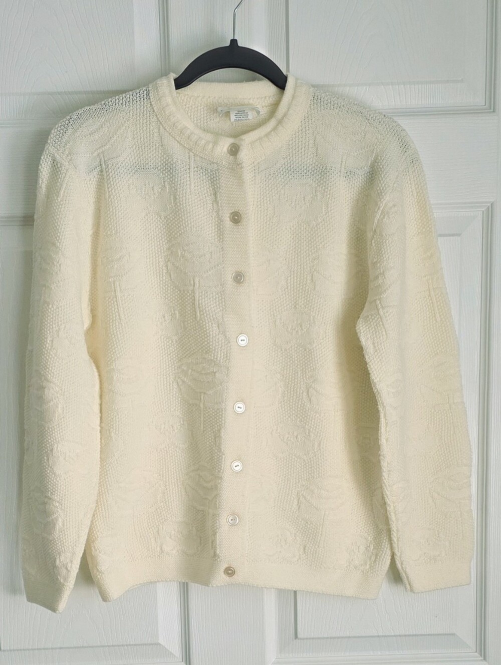 Vintage Cottagecore Cream Raised 3D Rose Floral Textured Cardigan Sweater